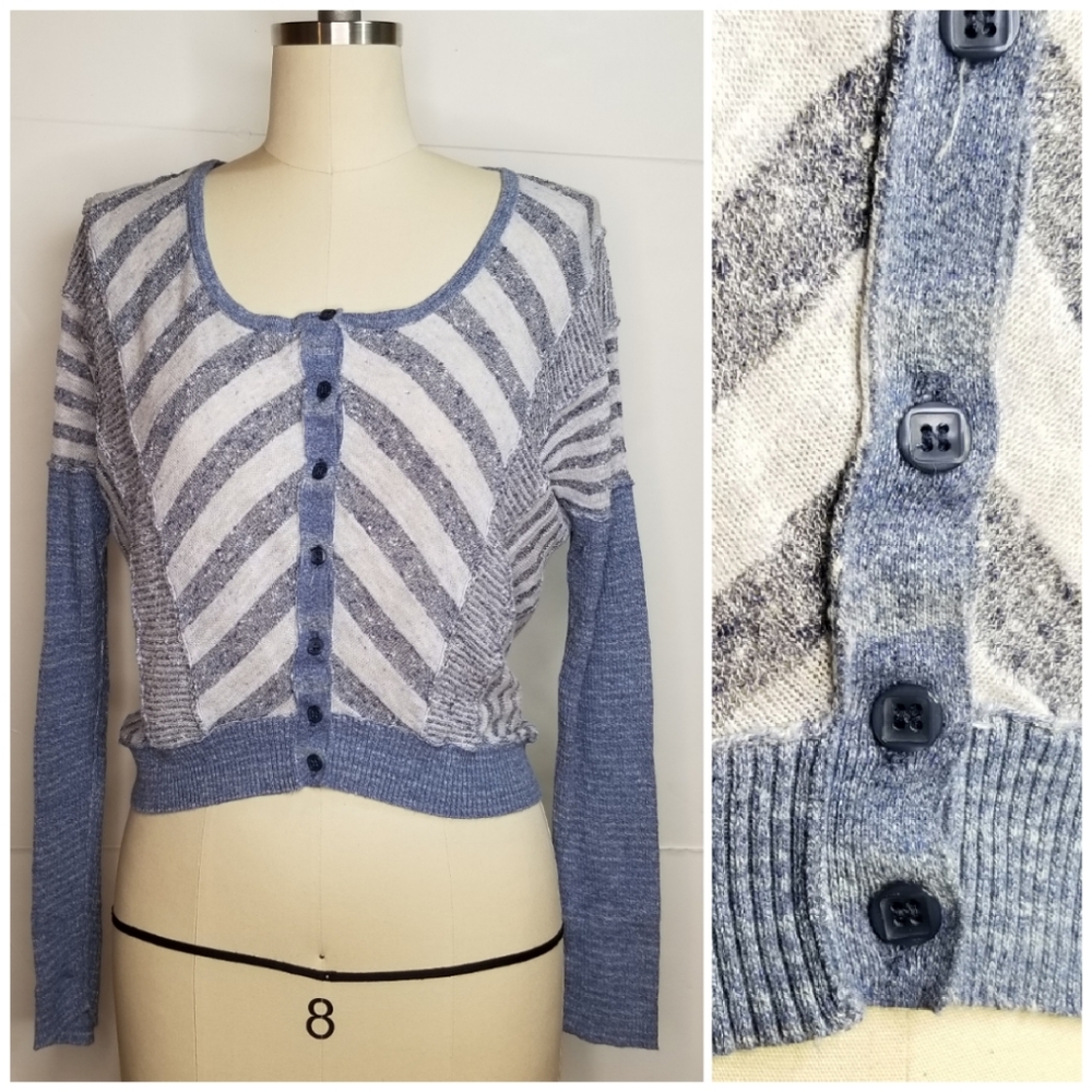 Free People blue white lightweight Chevron Striped Cardigan sweater M
